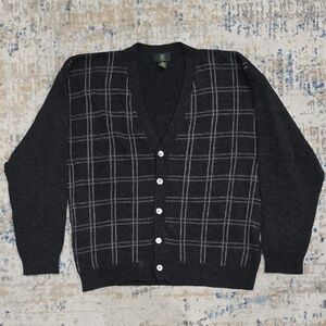 Club Room Men’s Black & Gray Wool Cardigan | Plaid Front | Size L